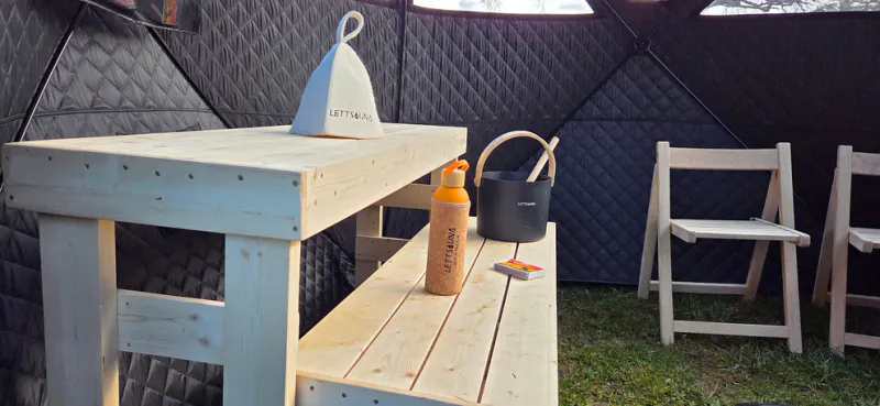 Badstutelt Ellingsvik. Ink. Vedovn, badstustein og termometer