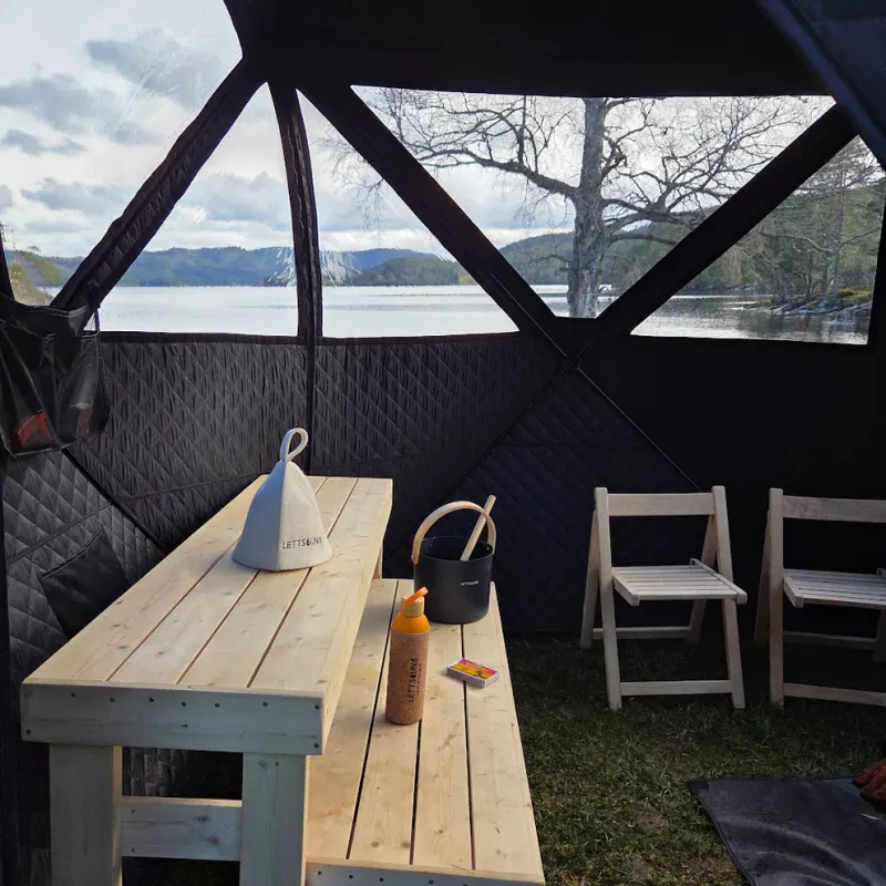 Badstutelt Ellingsvik. Ink. Vedovn, badstustein og termometer